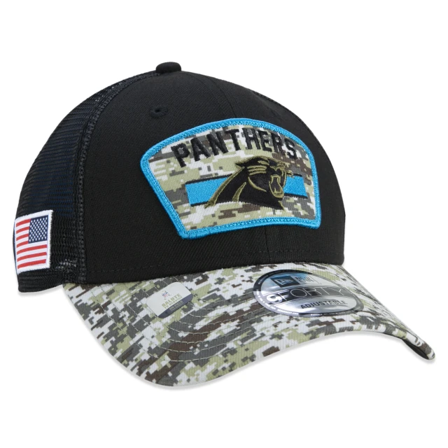 Boné 9FORTY Trucker Carolina Panthers Salute To Service NFL Snapback Aba Curva Preto