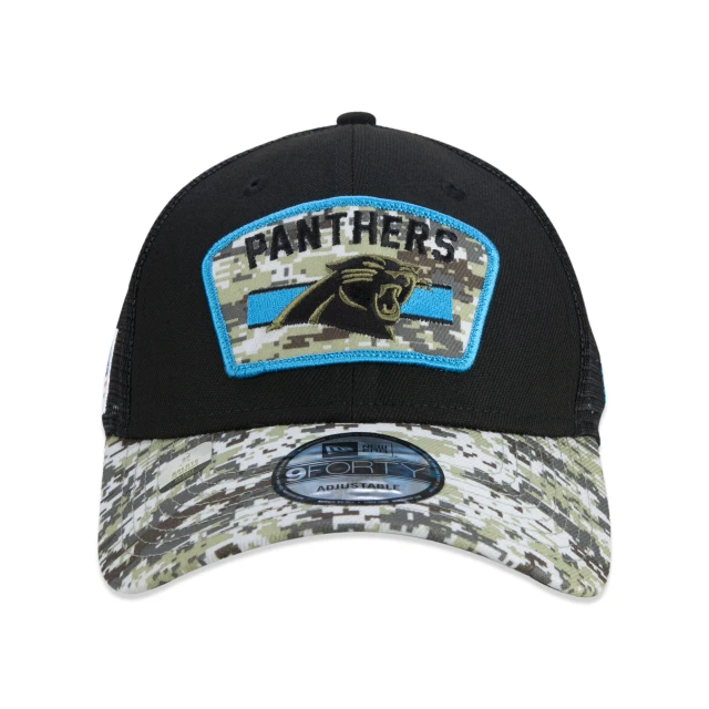 Boné 9FORTY Trucker Carolina Panthers Salute To Service NFL Snapback Aba Curva Preto