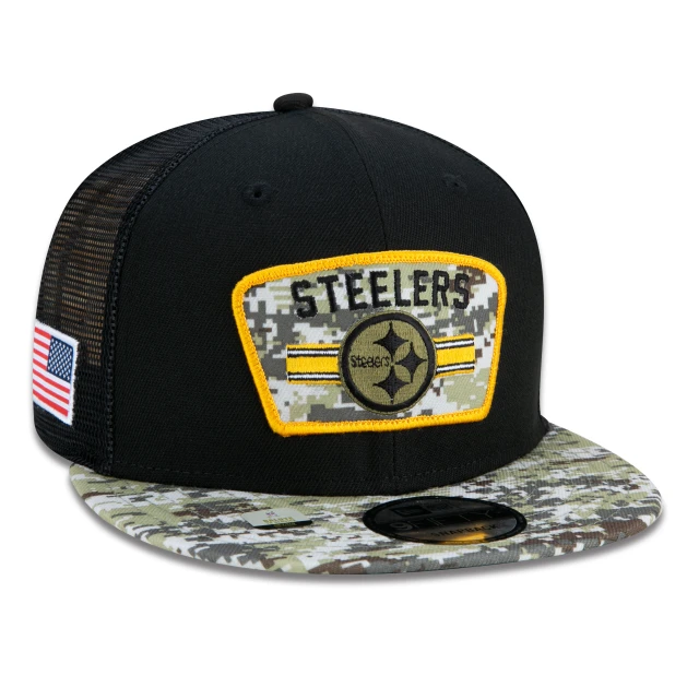 Boné 9FIFTY Trucker Pittsburgh Steelers Salute To Service NFL Snapback Aba Reta Preto